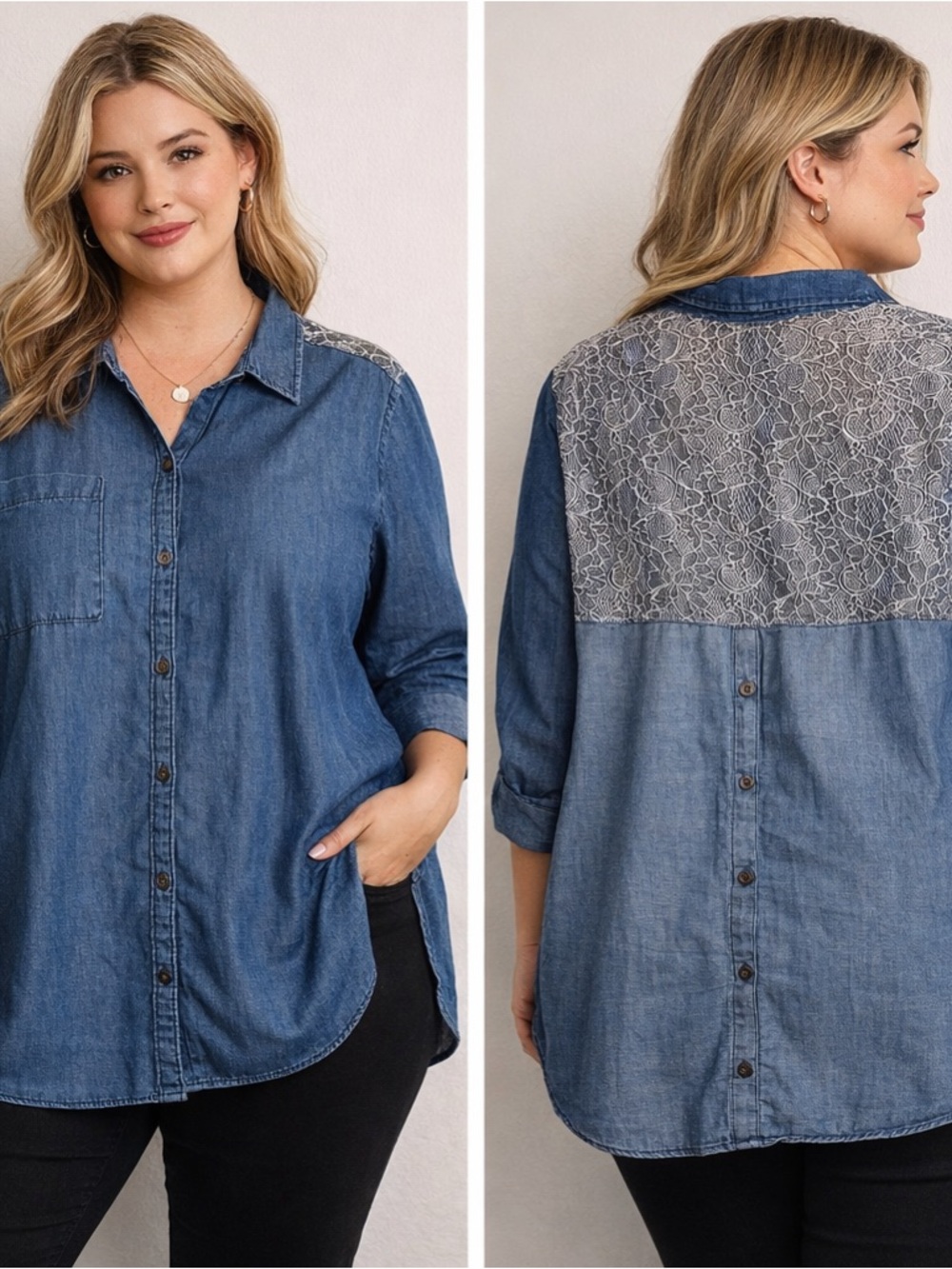 Lace Yoke Chambray Button-Down Shirt 06-0205